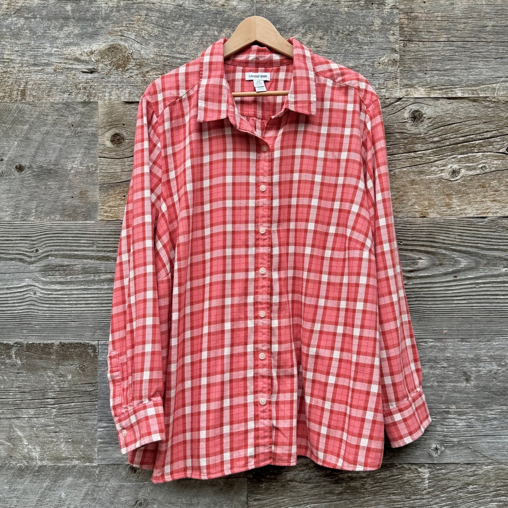 Lands End Womens Plaid Cotton Flannel Button Down Shirt 3X 24W-26W Coral Cozy